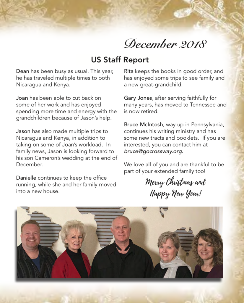 December 2018 Prayer Letter for CrossWay International